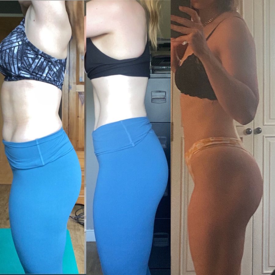 Alex's three-panel side-profile progress photos, increasingly lean and strong
