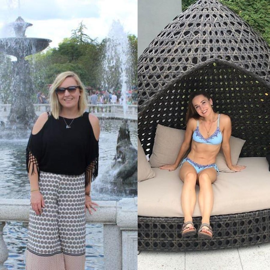 Chloe before at a fountain, and after on holiday, relaxed and confident