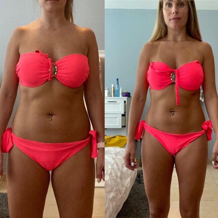 Rebecca's before and after in swimwear, visibly leaner and stronger
