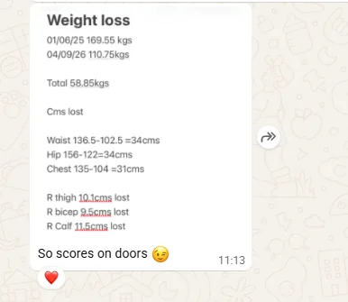 Client&rsquo;s shared note: weight down from 169.55 kg in June 2025 to 110.75 kg in September 2026, a total of 58.85 kg, with 34 cm off the waist, 34 cm off the hips and 31 cm off the chest