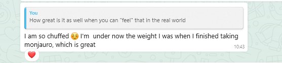 WhatsApp exchange: client now under the weight she was when she finished taking Mounjaro