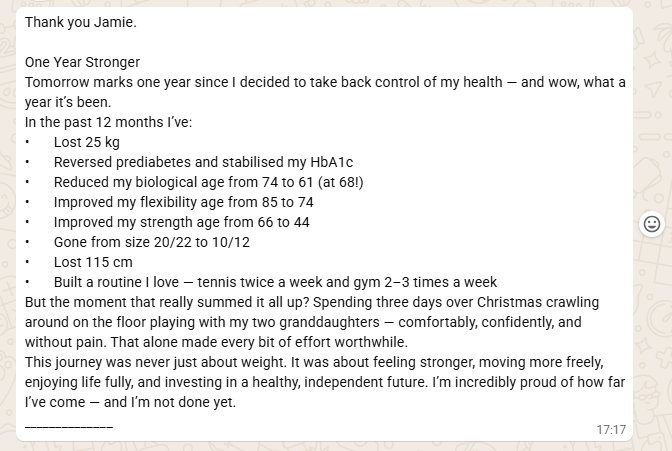 Client message titled One Year Stronger: 25kg lost, prediabetes reversed, biological age from 74 to 61, size 20/22 to 10/12, playing on the floor with granddaughters comfortably and without pain