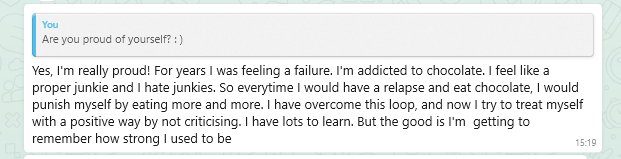 WhatsApp exchange - coach asks are you proud of yourself, client replies she has overcome the relapse loop and is remembering how strong she used to be