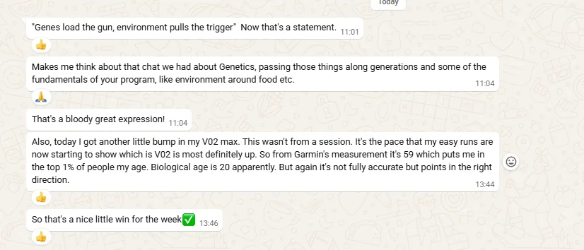 Client message: VO2 max measured at 59 by Garmin, in the top 1% for their age, with a biological age reading of 20