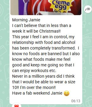 Client WhatsApp message: in control at Christmas, relationship with food transformed, wearing a size 10