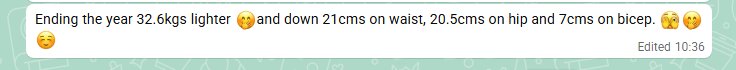 Client message: ending the year 32.6kg lighter, down 21cm on waist, 20.5cm on hips and 7cm on bicep