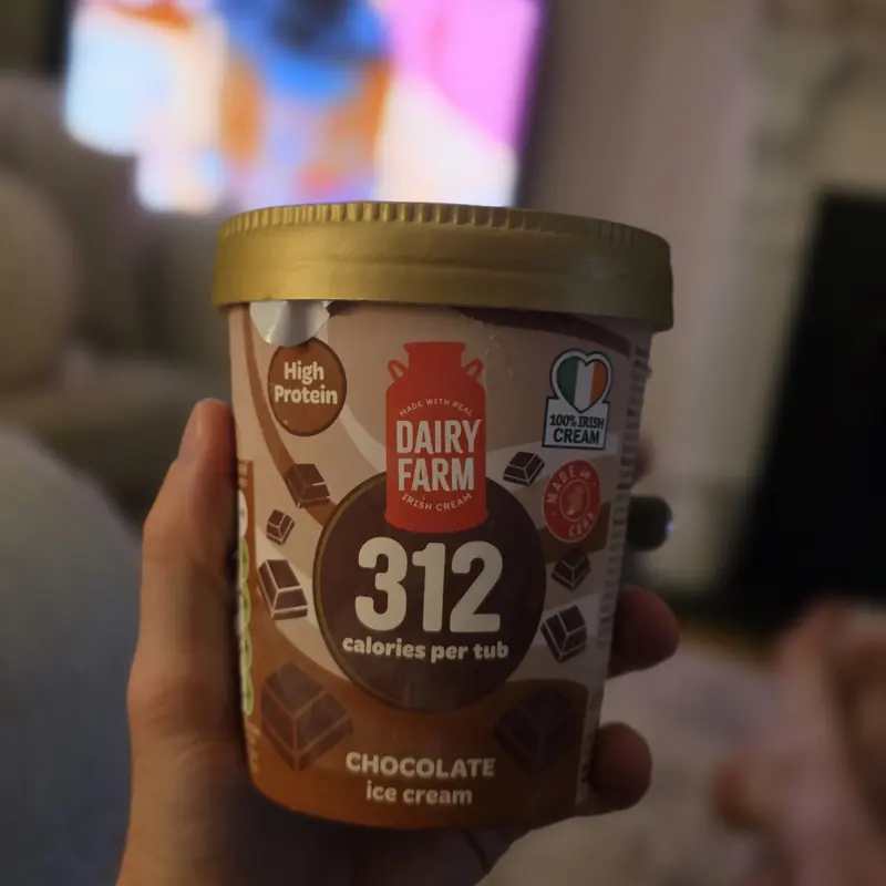 A tub of Dairy Farm high protein chocolate ice cream from Lidl