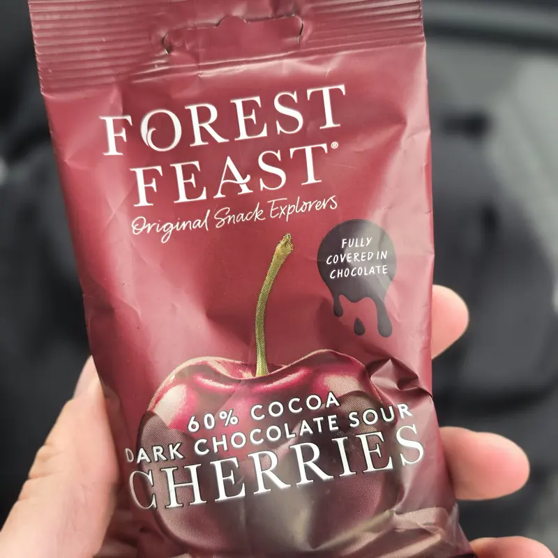 A pack of Forest Feast dark chocolate sour cherries