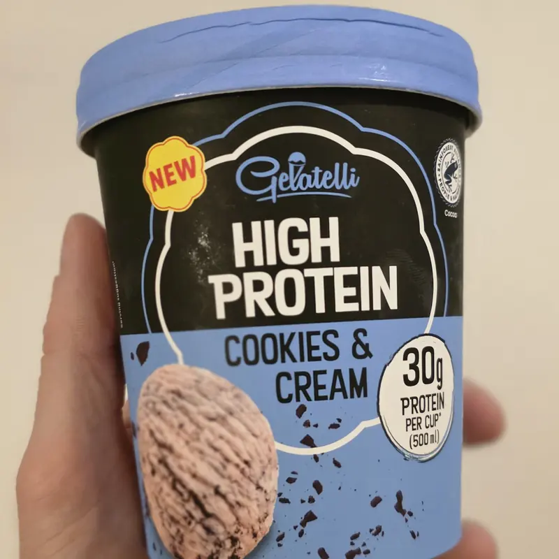 A tub of Gelatelli high protein cookies and cream ice cream from Lidl