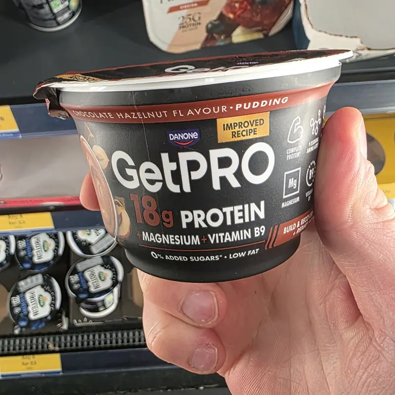 A pot of Danone GetPRO chocolate hazelnut pudding